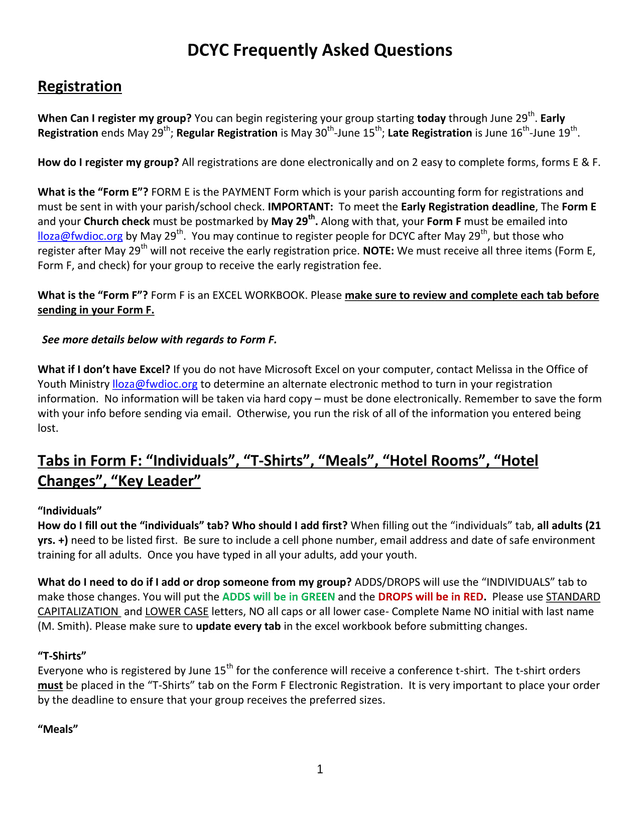 DCYC Frequently Asked Questions screenshot