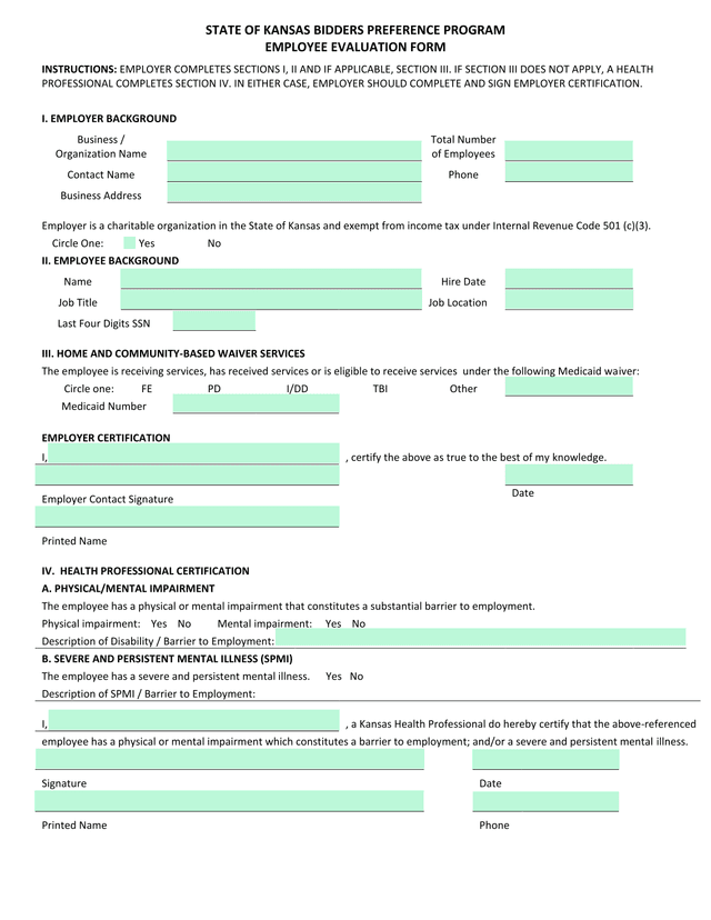 STATE OF KANSAS BIDDERS PREFERENCE PROGRAM EMPLOYEE EVALUATION FORM screenshot