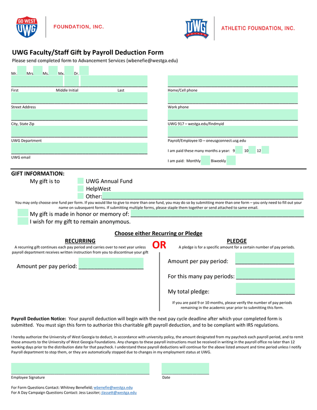 UWG FacultyStaff Gift By Payroll Deduction Form screenshot