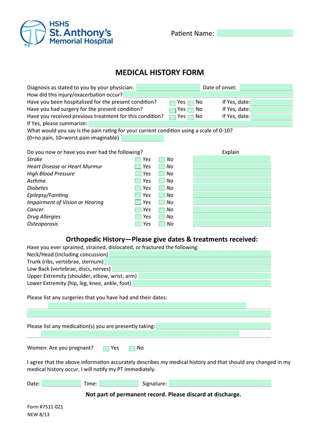 MEDICAL HISTORY FORM screenshot
