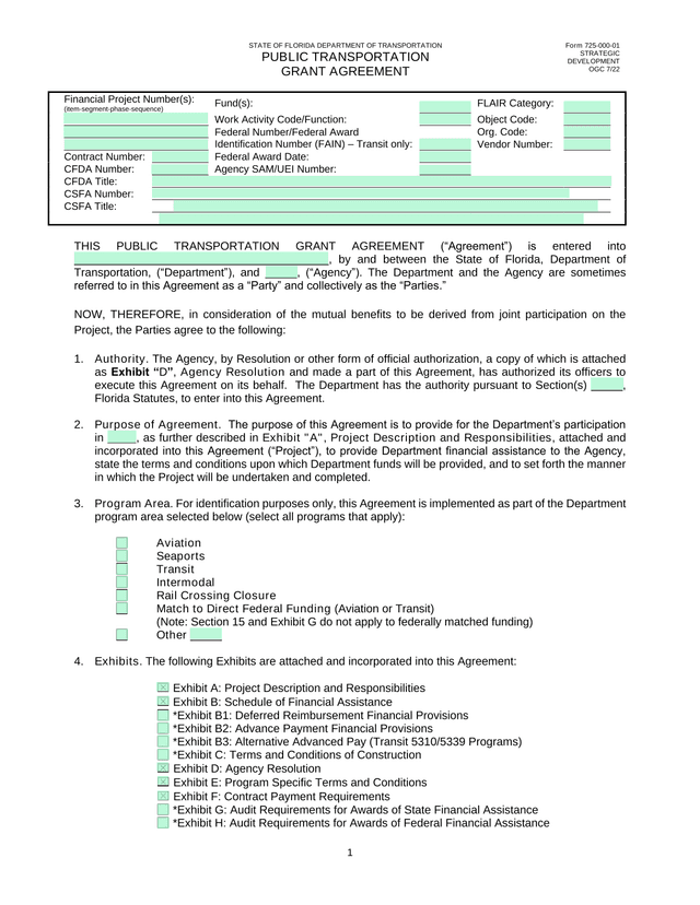 STATE OF FLORIDA DEPARTMENT OF TRANSPORTATION PUBLIC TRANSPORTATION GRANT AGREEMENT screenshot