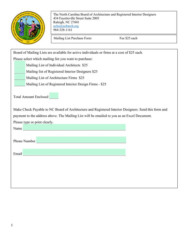Mailing List Purchase Form screenshot