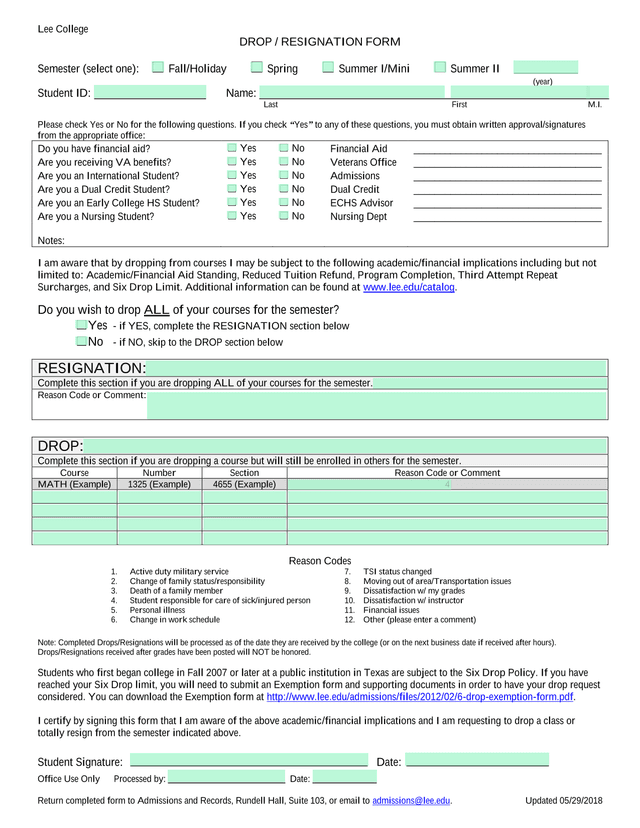 Drop  Resignation Form screenshot