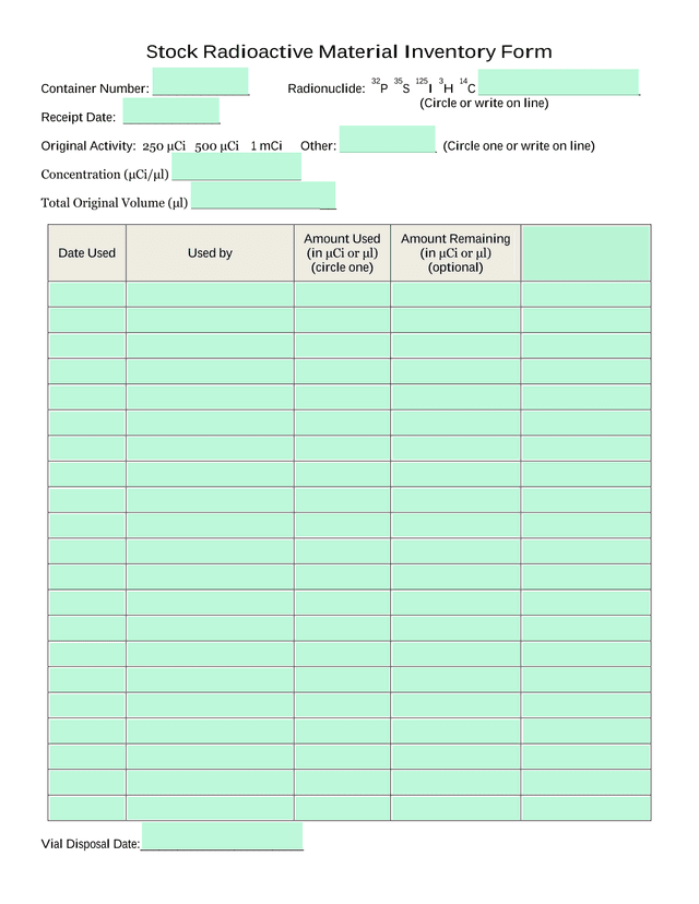 Stock Radioactive Material Inventory Form screenshot