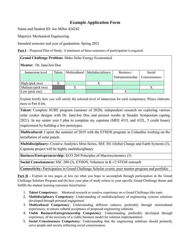 Example Application Form screenshot