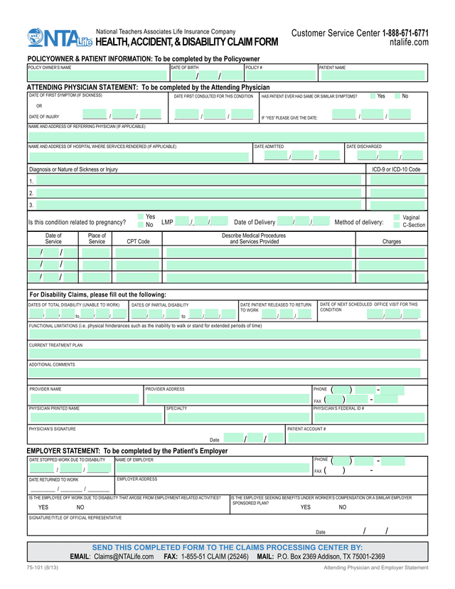 HEALTH, ACCIDENT,  DISABILITY CLAIM FORM screenshot