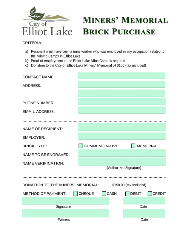 Elliot Lake Miners Memorial Brick Donation Form screenshot