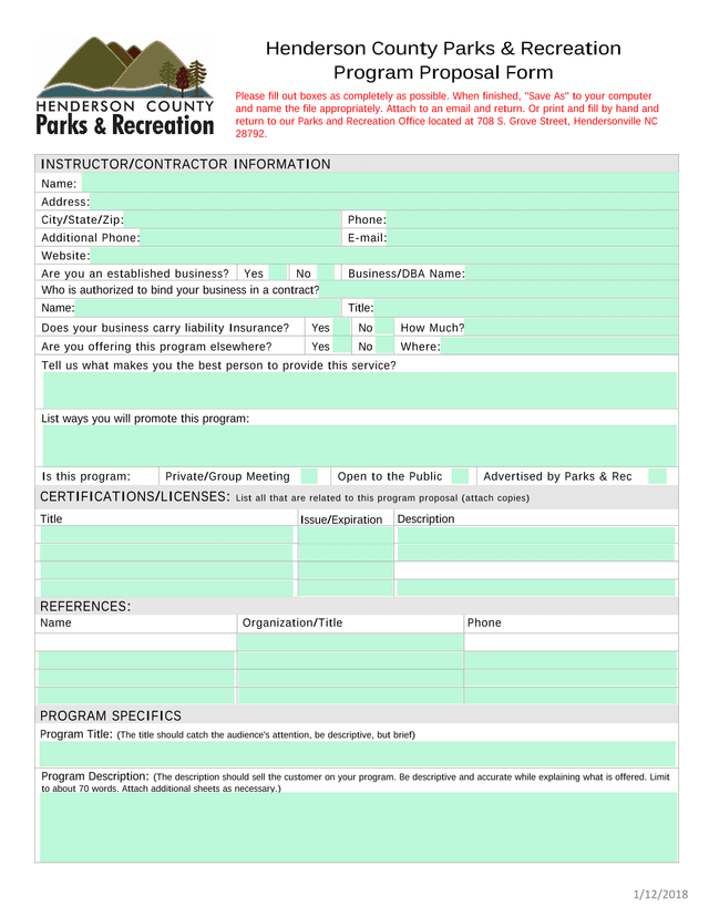 Henderson County Parks  Recreation Program Proposal Form screenshot
