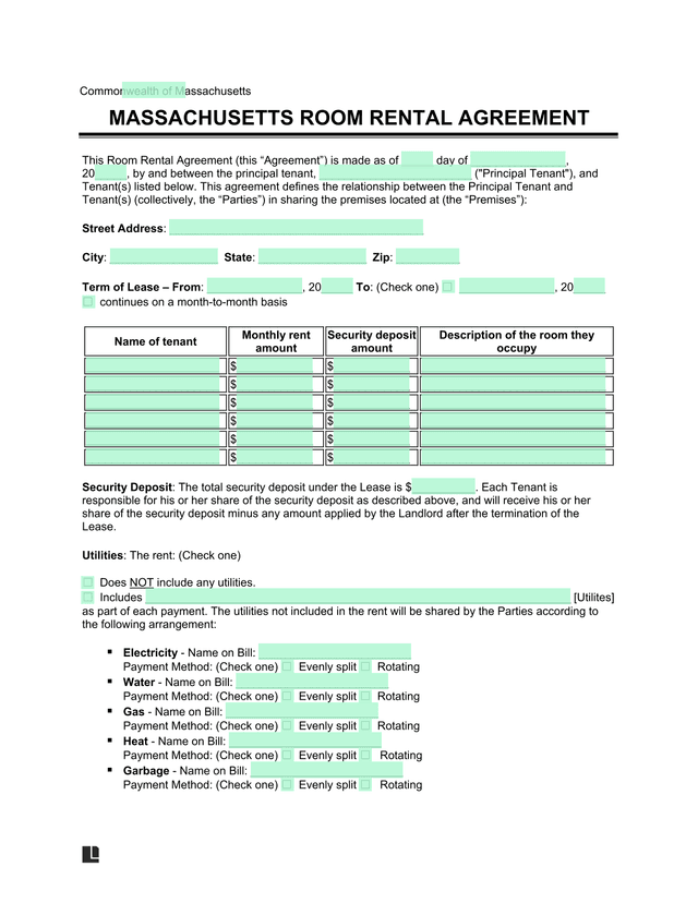 Massachusetts Room Rental Agreement screenshot