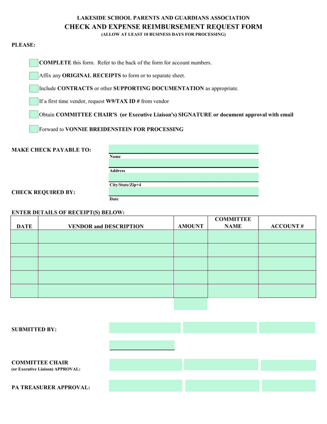 Check And Expense Reimbursement Request Form screenshot