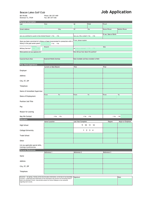 Beacon Lakes Golf Club Job Application screenshot