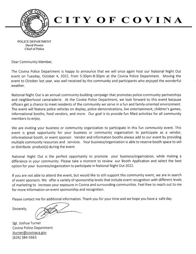 Covina Police Department 2022 National Night Out Booth Application screenshot