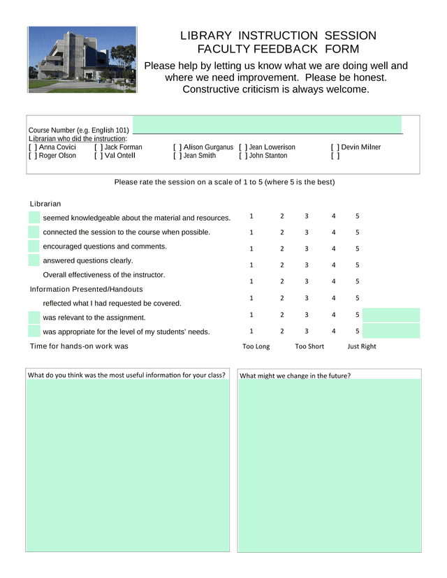 Library Instruction Session Faculty Feedback Form screenshot