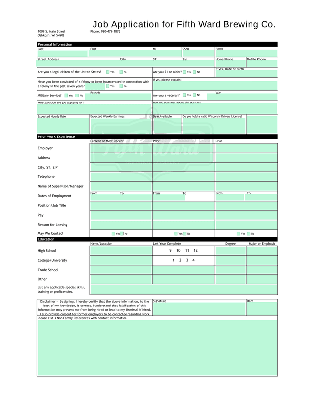 Job Application For Fifth Ward Brewing Co. screenshot