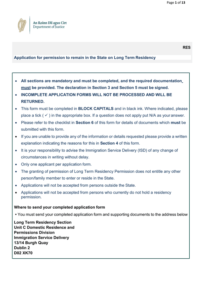Application For Permission To Remain In The State On Long Term Residency screenshot