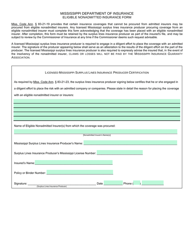 MISSISSIPPI DEPARTMENT OF INSURANCE ELIGIBLE NONADMITTED INSURANCE FORM screenshot