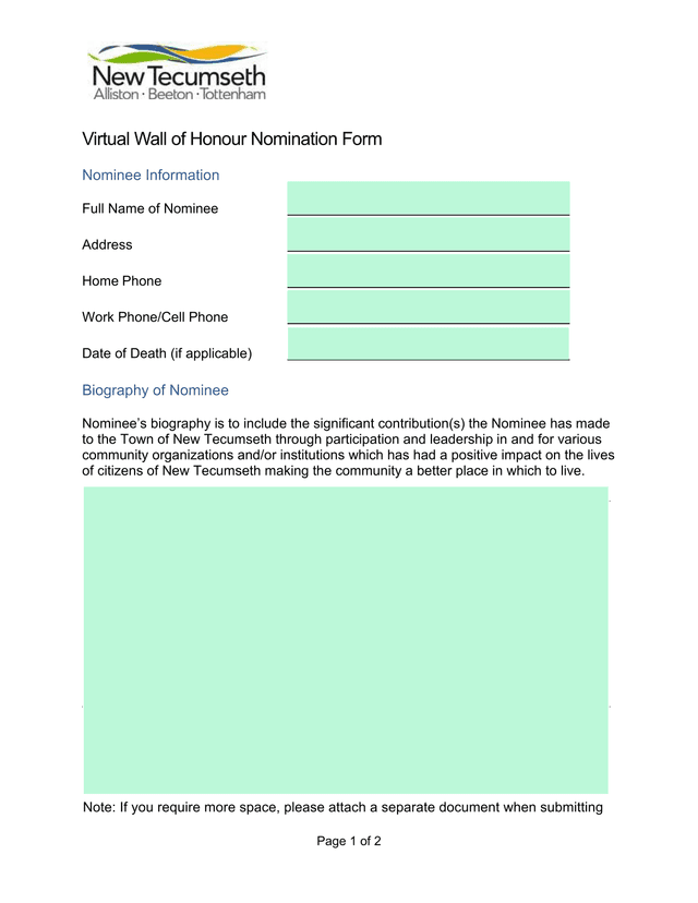 Virtual Wall Of Honour Nomination Form screenshot