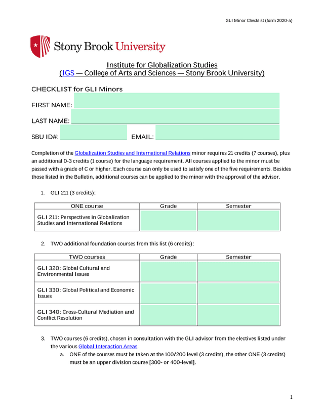 GLI Minor Checklist (Form 2020 A) screenshot