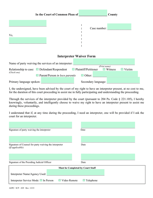 Interpreter Waiver Form screenshot