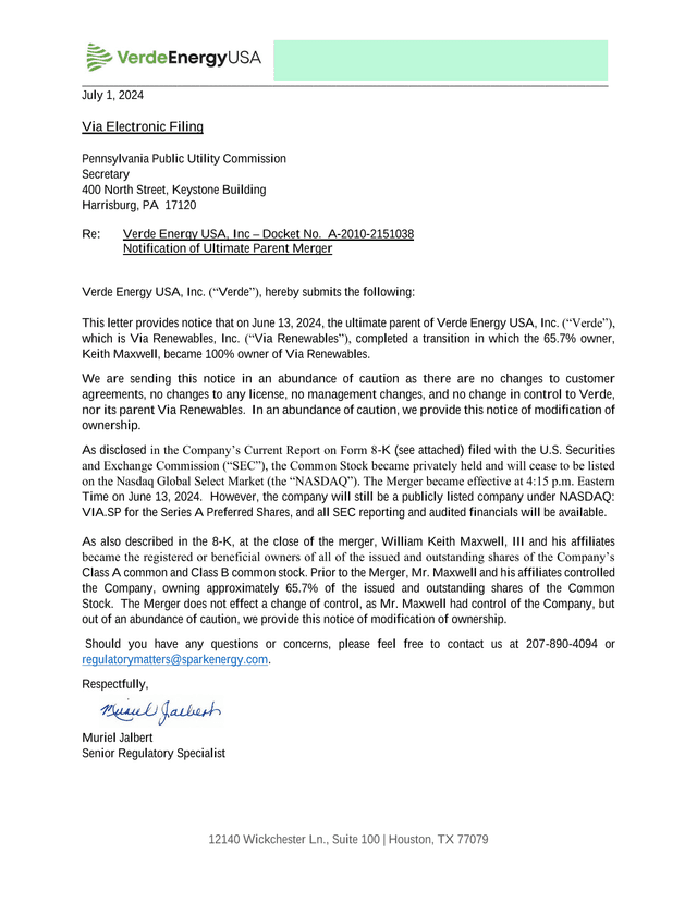 Verde Energy USA, Inc  Notification Of Ultimate Parent Merger screenshot