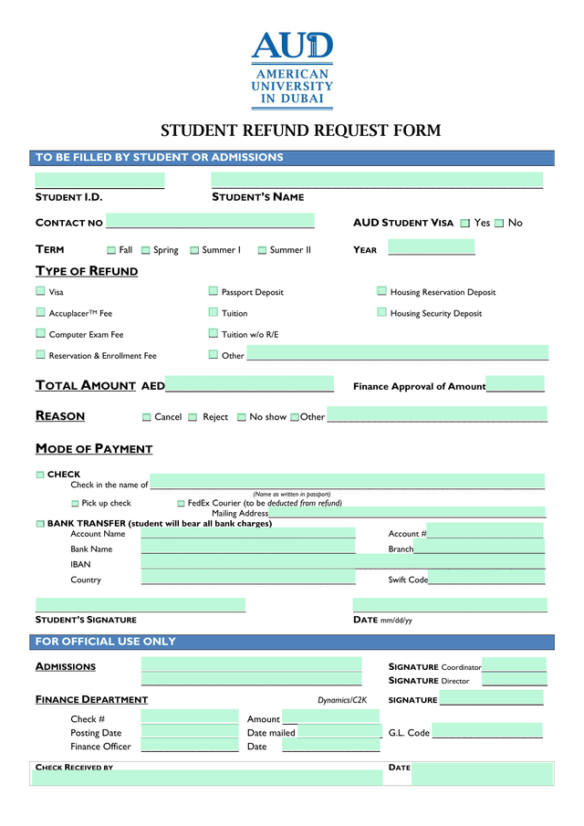 STUDENT REFUND REQUEST FORM screenshot