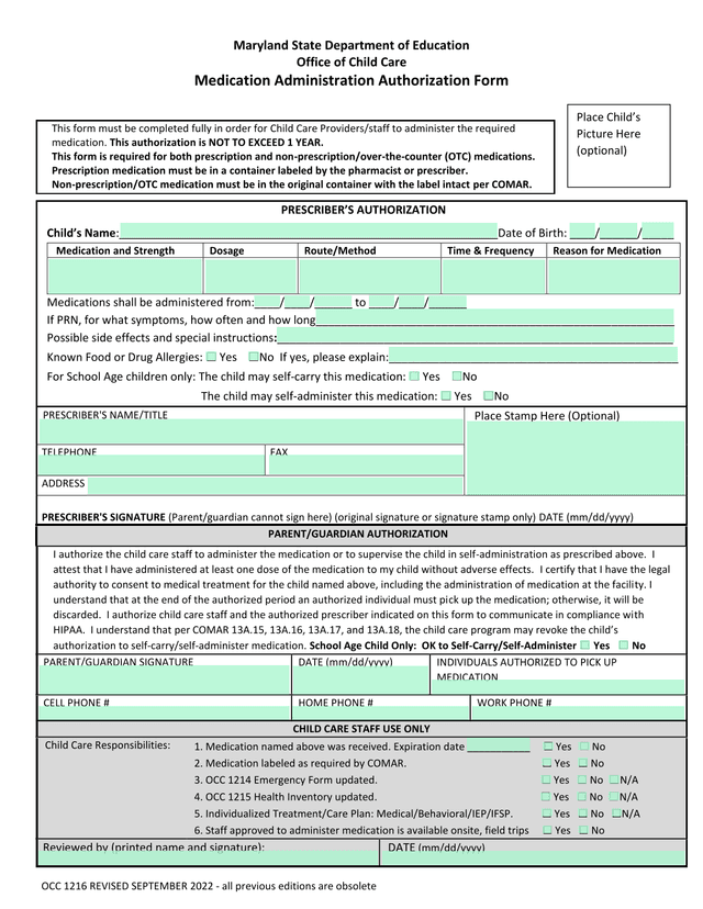 Medication Administration Authorization Form screenshot