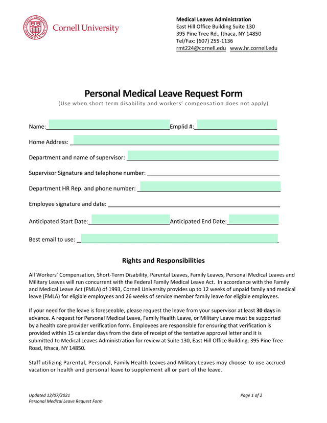 Personal Medical Leave Request Form screenshot