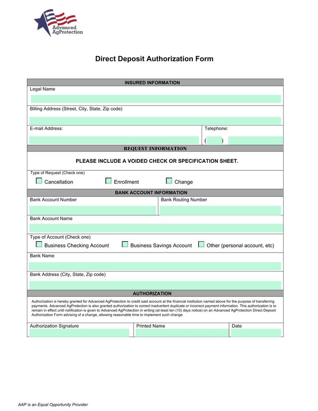 Direct Deposit Authorization Form screenshot