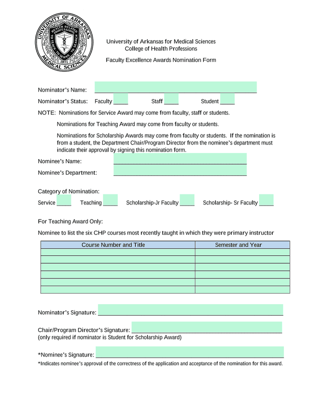 Faculty Excellence Awards Nomination Form screenshot