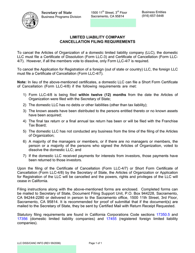 LLC DISSCANC INFO screenshot