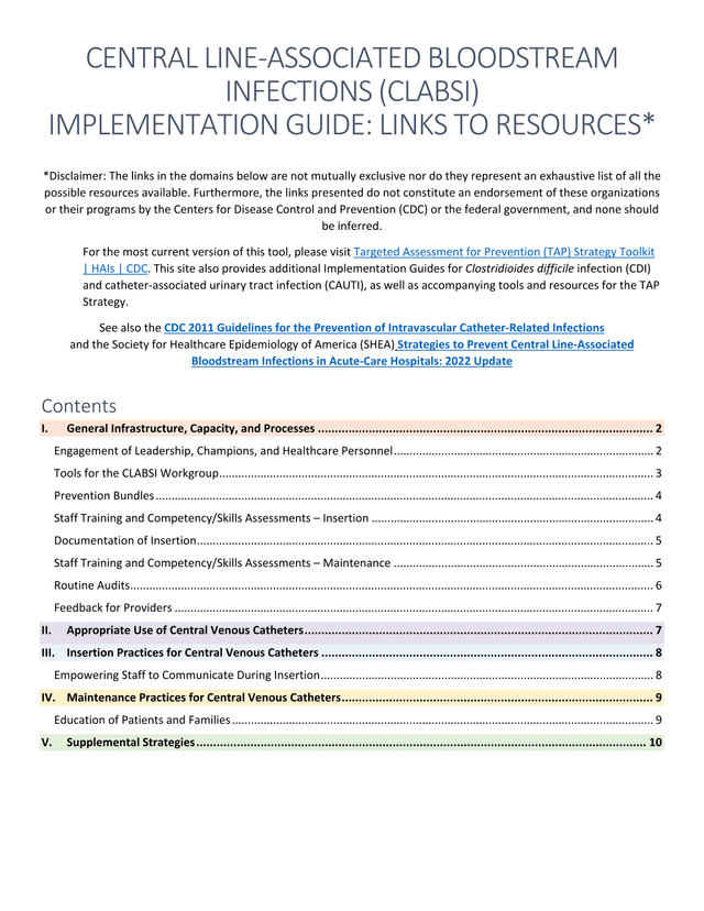 Central Line Associated Bloodstream Infections (CLABSI) Implementation Guide screenshot
