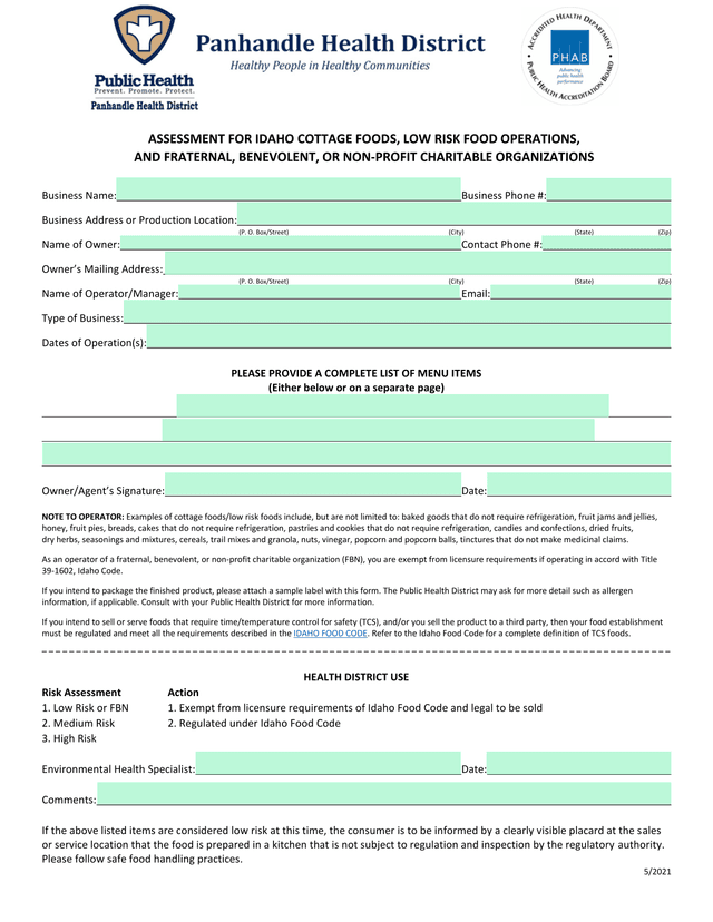 Assessment For Idaho Cottage Foods, Low Risk Food Operations, And Fraternal, Benevolent, Or Non Prof screenshot