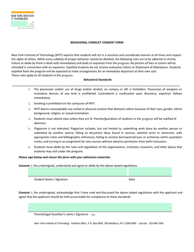 Behavioral Conduct Consent Form screenshot