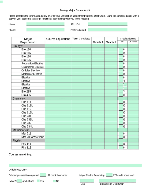 Biology Major Course Audit screenshot