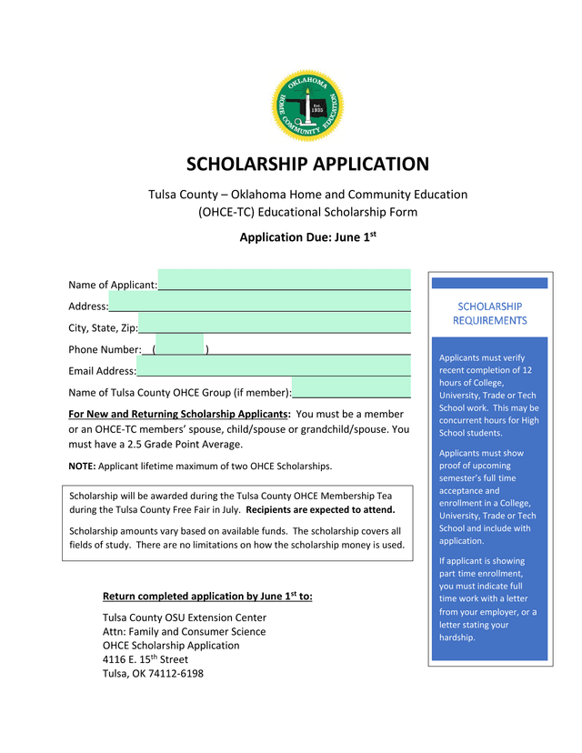 Scholarship Application   Tulsa County OHCE Educational Scholarship Form screenshot