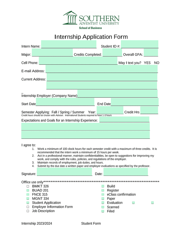 Internship 20232024 Student Form screenshot