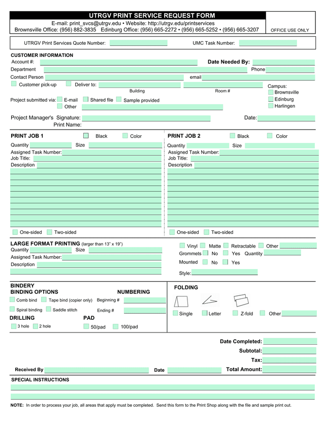 UTRGV Print Service Request Form screenshot
