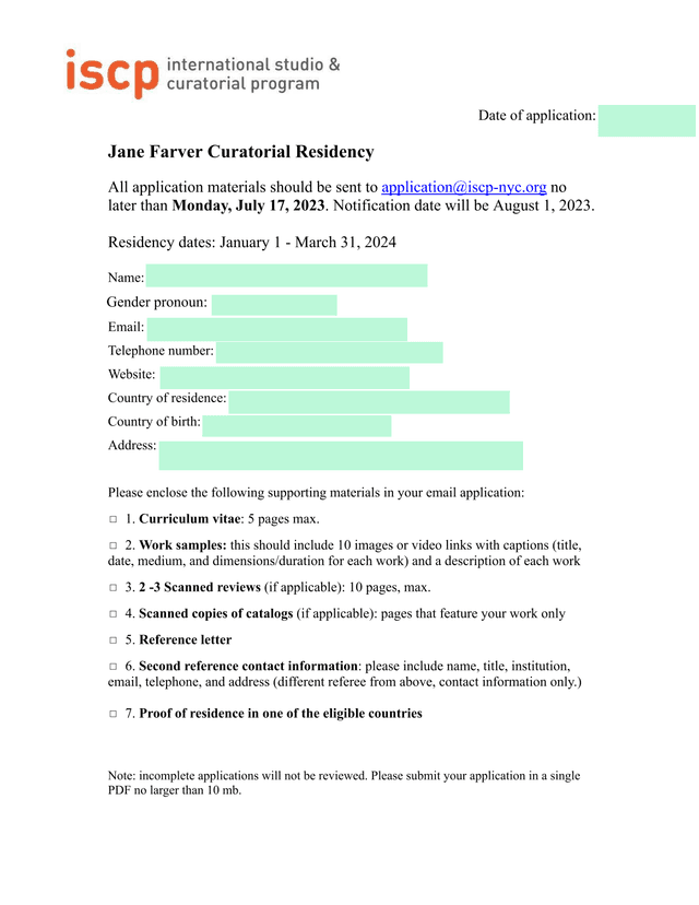 Jane Farver Curatorial Residency Application screenshot