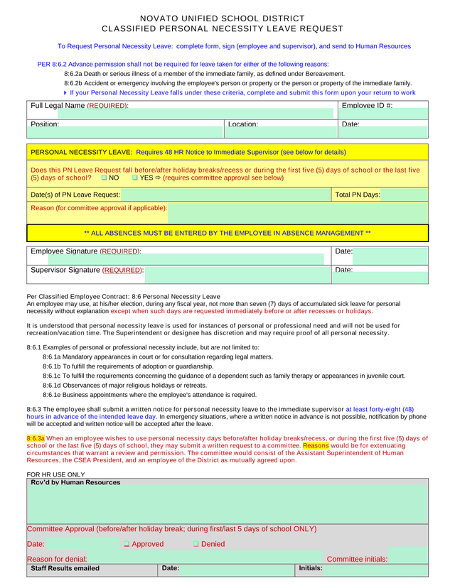 Classified Personal Necessity Leave Request screenshot