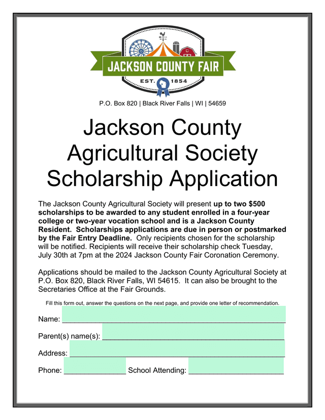 Jackson County Agricultural Society Scholarship Application screenshot