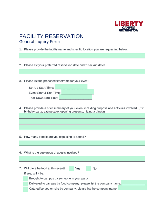 Facility Reservation General Inquiry Form screenshot