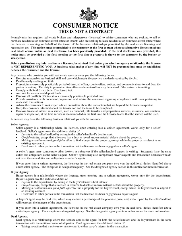 Consumer Notice Real Estate Brokerage Relationships screenshot