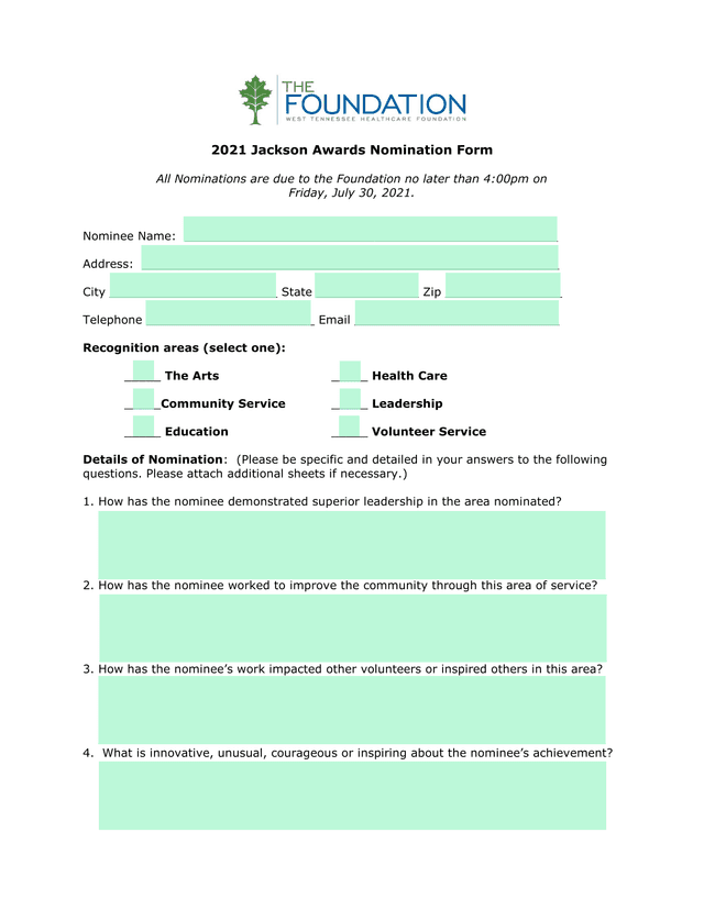 2021 Jackson Awards Nomination Form screenshot