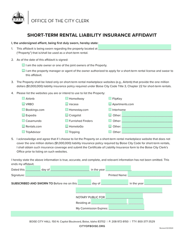 Short Term Rental Liability Insurance Affidavit screenshot