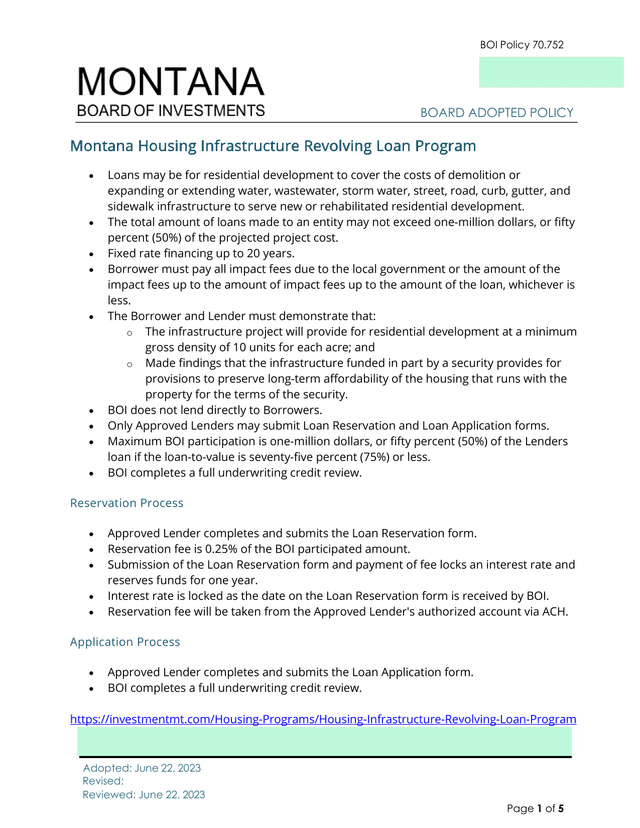 BOI Policy 70.752 Montana Housing Infrastructure Revolving Loan Program screenshot
