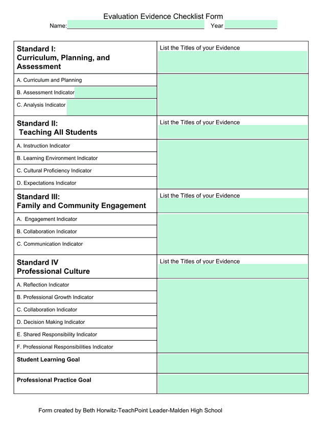 Evaluation Evidence Checklist Form screenshot