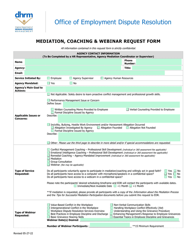 MEDIATION, COACHING  WEBINAR REQUEST FORM screenshot