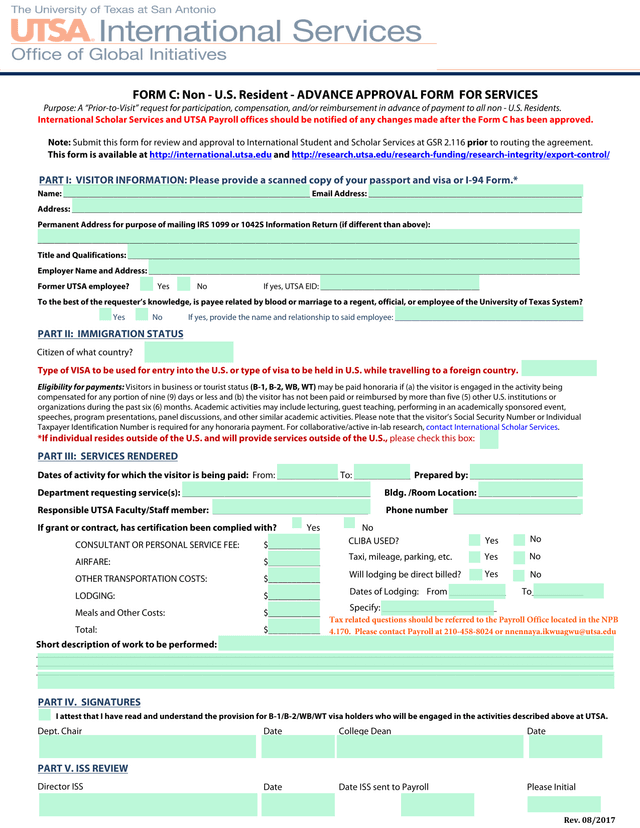 FORM C Non   U.S. Resident   ADVANCE APPROVAL FORM FOR SERVICES screenshot
