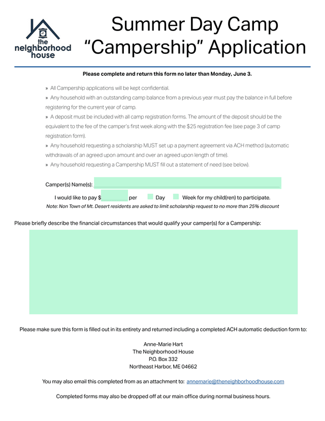 Summer Day Camp Campership Application screenshot