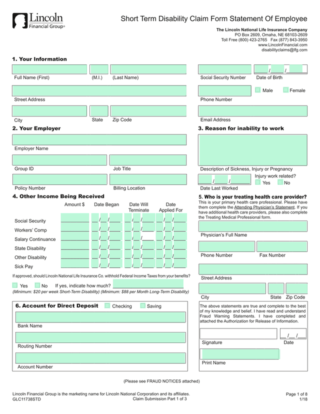 Short Term Disability Claim Form Statement Of Employee screenshot